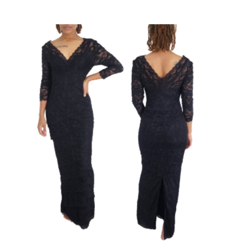 Marina Tiered Beaded Lace Evening Formal Black Dress Size 4